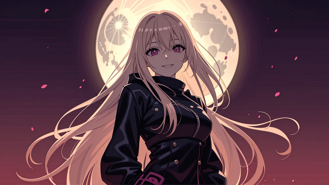 adult woman, anime pink eyes, long blonde hair, sexy black leather, smile, holding guitar, 4k hd, night city, moon