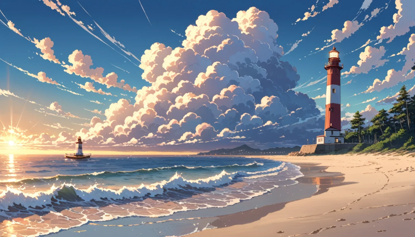 ((anime:1.4,illustration)),(masterpiece, top quality, best quality),(ultra-detailed, absolutely resolution),((16k, high res)), (((seaside, sand flowers, blue sky, cumulonimbus clouds, evening, breakwater, lighthouse))), ((anime:1.4,illustration)),(masterpiece, top quality, best quality),(ultra-detailed, absolutely resolution),((16k, high res)). BREAK {lofi art, style of Laurie Greasley, style of Makoto Shinkai, anime aesthetic}, BREAK { (produces images with information than 40 million pixels with cinematic-like detailed textures shot on a Sony SLR).}