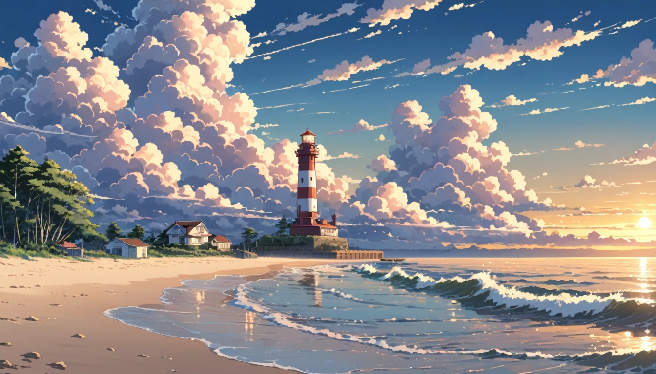 ((anime:1.4,illustration)),(masterpiece, top quality, best quality),(ultra-detailed, absolutely resolution),((16k, high res)), (((seaside, sand flowers, blue sky, cumulonimbus clouds, evening, breakwater, lighthouse))), ((anime:1.4,illustration)),(masterpiece, top quality, best quality),(ultra-detailed, absolutely resolution),((16k, high res)). BREAK {lofi art, style of Laurie Greasley, style of Makoto Shinkai, anime aesthetic}, BREAK { (produces images with information than 40 million pixels with cinematic-like detailed textures shot on a Sony SLR).}