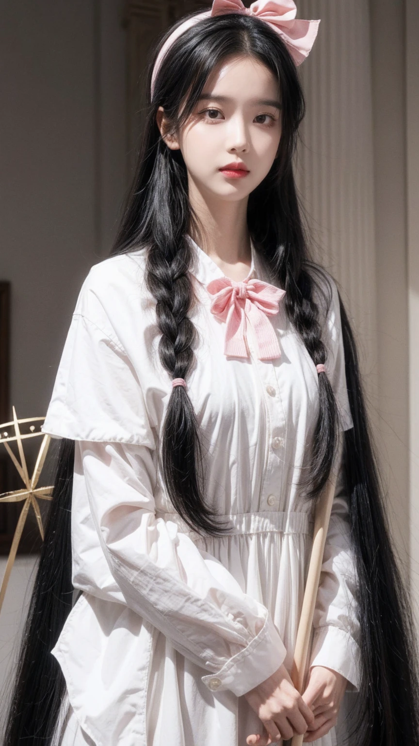 Koraki, Surrealism, Rescue, hilma af klint style, Girl with long straight black hair, Pink bow headband, There is a compass on the left hand side, spear,