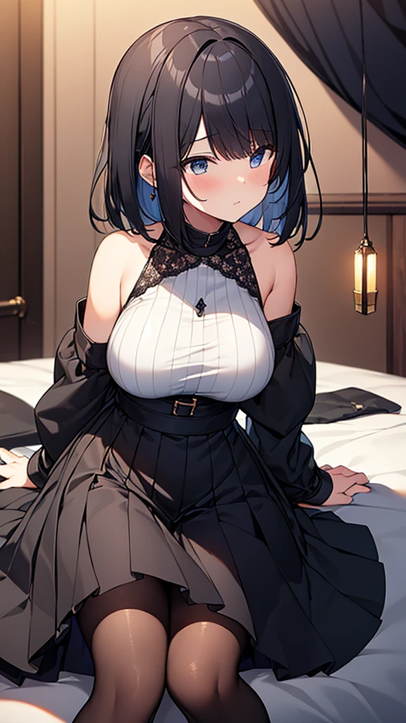 ((masterpiece)), (Highest quality、16K), (Simple style), Big Breasts, Swinging Big , Wearing a face stolen from someone else, No sleeve, Sleeveless, Off the shoulder, Black Dress, Short skirt, Pleated lace, Lace dress, Dark blue knee socks. whole body, Luxurious Room, NSFW