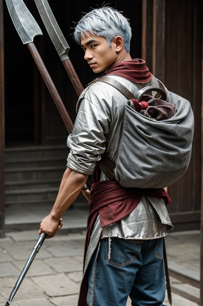 A boy with silver hair wearing torn and worn clothes from the oriental age.
While carrying a halberd on his back.
In addition to having a red ferret that accompanies him