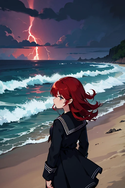 1girl, red hair, typhoon, sea storm, lightning, sea tornado, on the beach, detailed scenery, looking back over shoulder, far away view, sailor outfit, dark sky, stormy sky, more storm effect, 