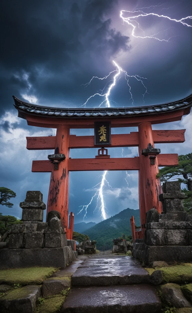 Raiju, lightning beast spirit, storm clouds, ancient mountain shrine, terrifying and electrifying, high resolution, bolts of lightning, dark twisting paths, old stone torii gates, traditional Japanese landscape