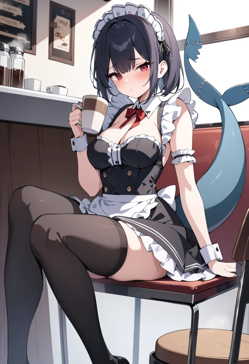 (masterpiece:1.2),Best quality,Perfect Anatomy,Very detailed,1 Girl,Solitary, high resolution,Red eyes,Black short hair,Maid costume,sitting in café,Holding a cup of coffee,Cold,Black stockings,Black shark tail