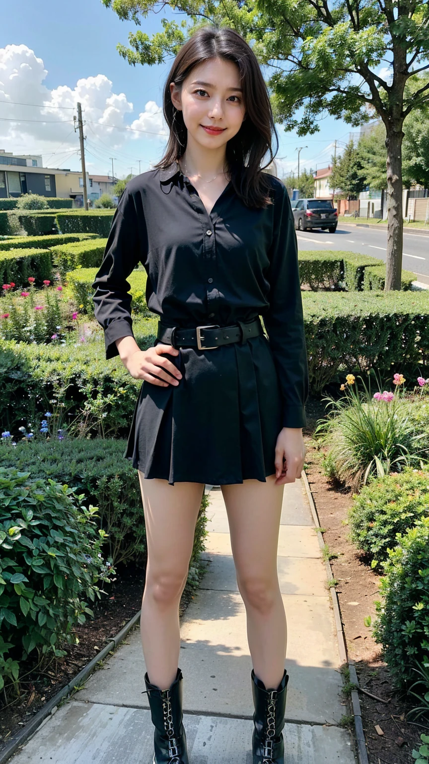 (8K、RAW Photos、Highest quality、masterpiece:1.2)、(Realistic、Realistic)、1 Girl、((Check mini skirt、Medium Hair、black、Thin legs、whole body、boots、blackいコート、one piece、garden、View from the front、Looking into the camera、belt、Stand with hands on hips))、