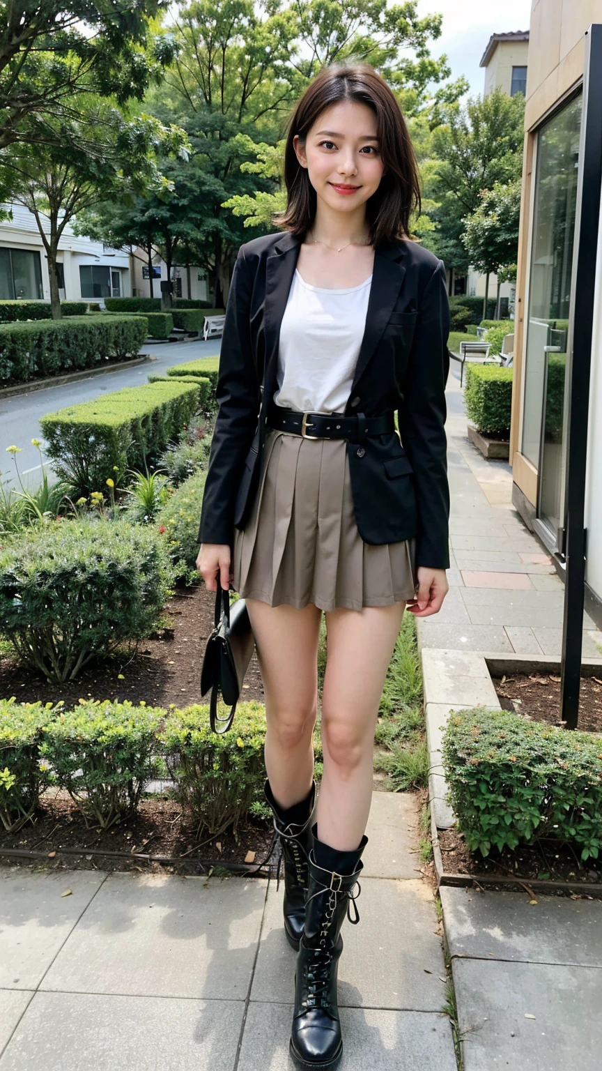 (8K、RAW Photos、Highest quality、masterpiece:1.2)、(Realistic、Realistic)、1 Girl、((Check mini skirt、Medium Hair、black、Thin legs、whole body、boots、blackいコート、one piece、garden、View from the front、Looking into the camera、belt、Stand with hands on hips))、