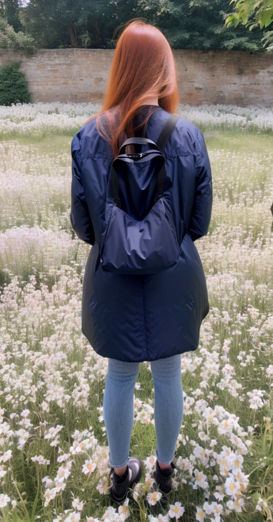 woman with rotated head, ginger, long hair, back photo, head to the back, face visible,