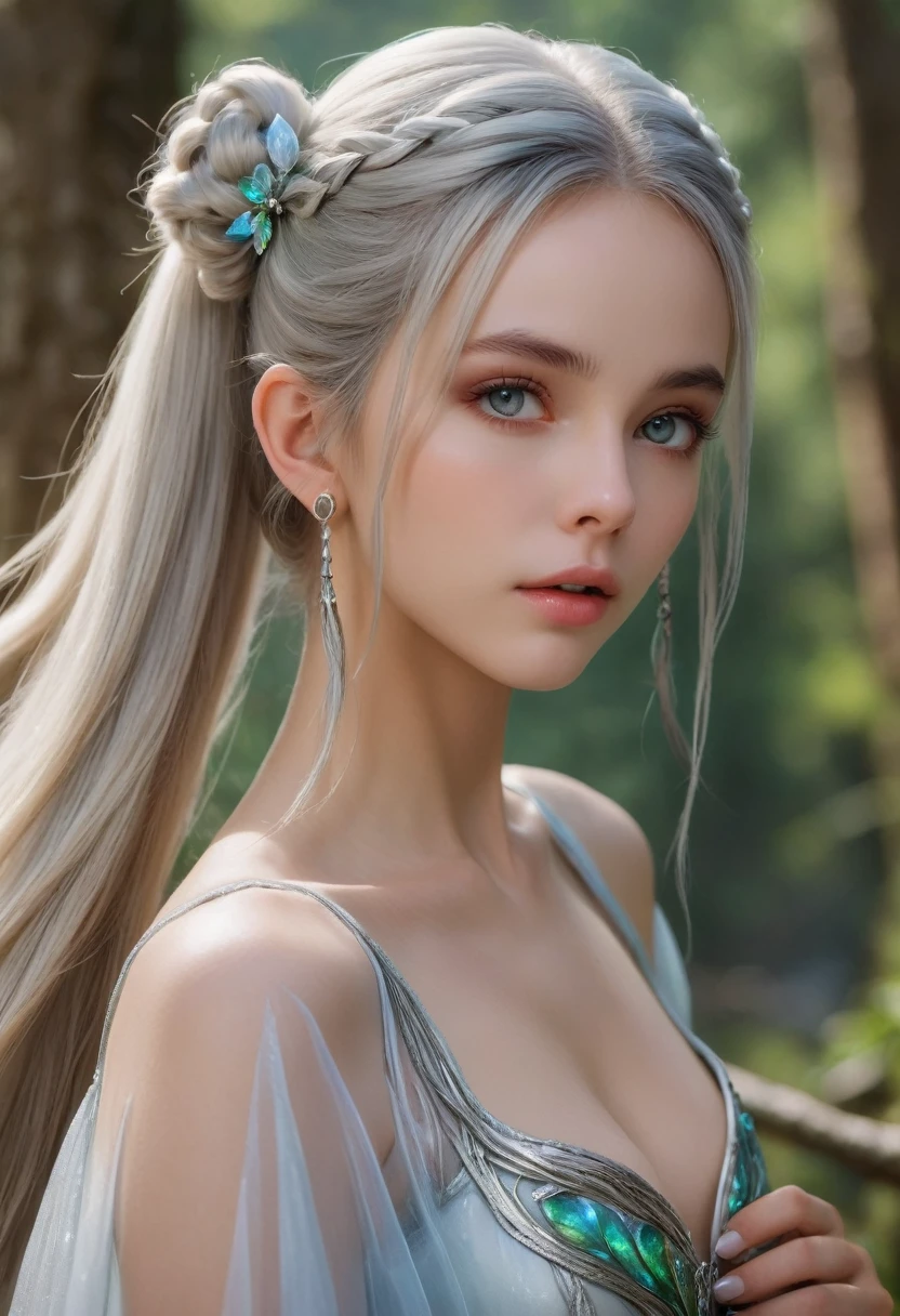 (best quality,4k,8k,highres,masterpiece:1.2),ultra-detailed,(realistic,photorealistic,photo-realistic:1.37),fantasy, elf, beautiful girl,, close-up of face, silver hair, (Twin Tails hair style:2.0),(iridescent slit eyes:1.4), detailed features, ethereal atmosphere, soft lighting, enchanted forest, flowing gown, graceful stance, vibrant colors, (NSFW:1.3)