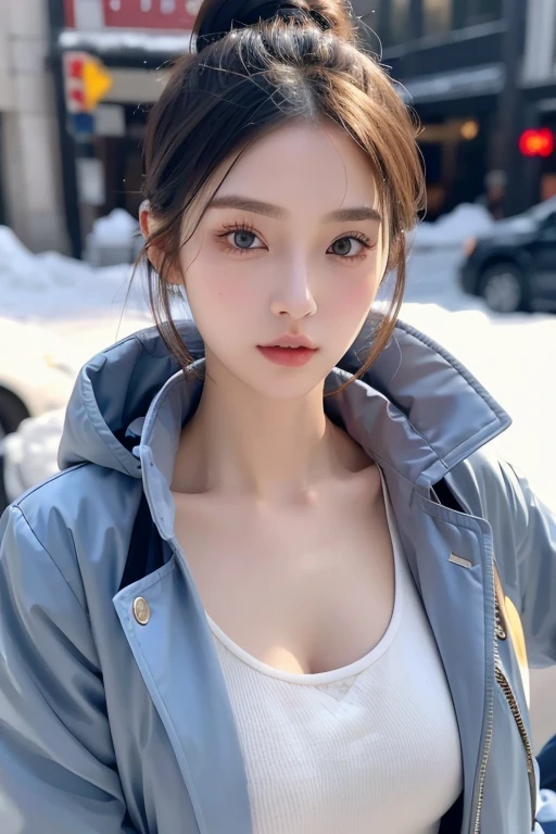 personal,Young girls,23 years old, Fine hairs, Delicate face, full的身材,Long hair tied up,full, Short hair details,Blue winter coat, Model,snack, Sexy breasts