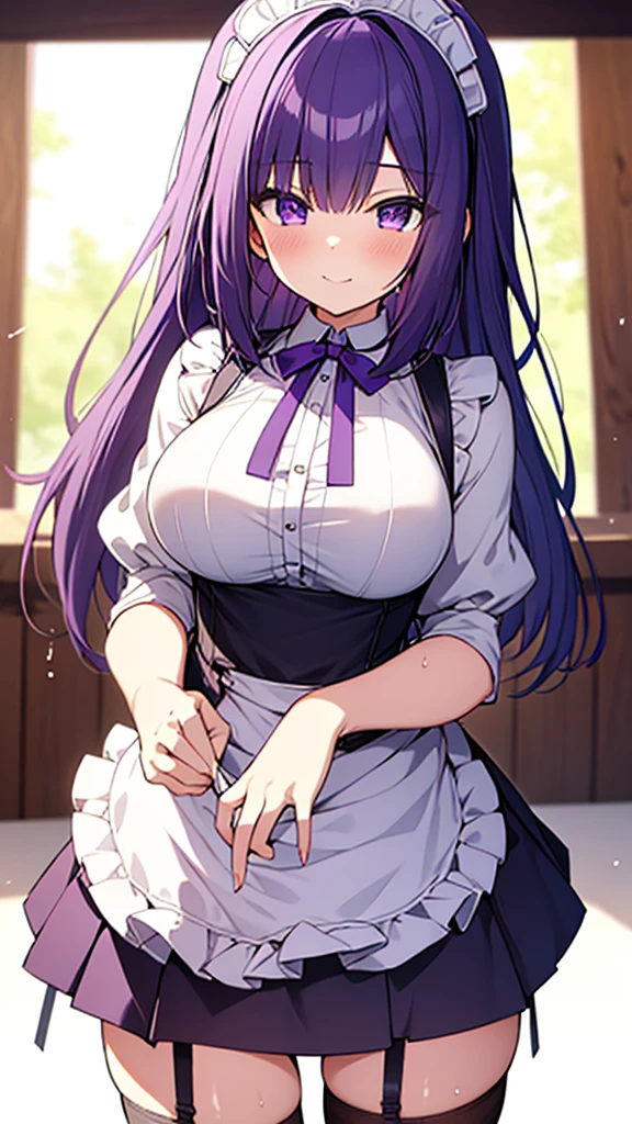 最high quality, high quality, 16K, Ultra-detailed details, pretty girl, alone, beautiful purple hair, Beautiful purple eyes, Big Breasts, A light smile, Maid clothes, I'm lifting my skirt, Striped underwear, My crotch is wet with love juice, NSFW