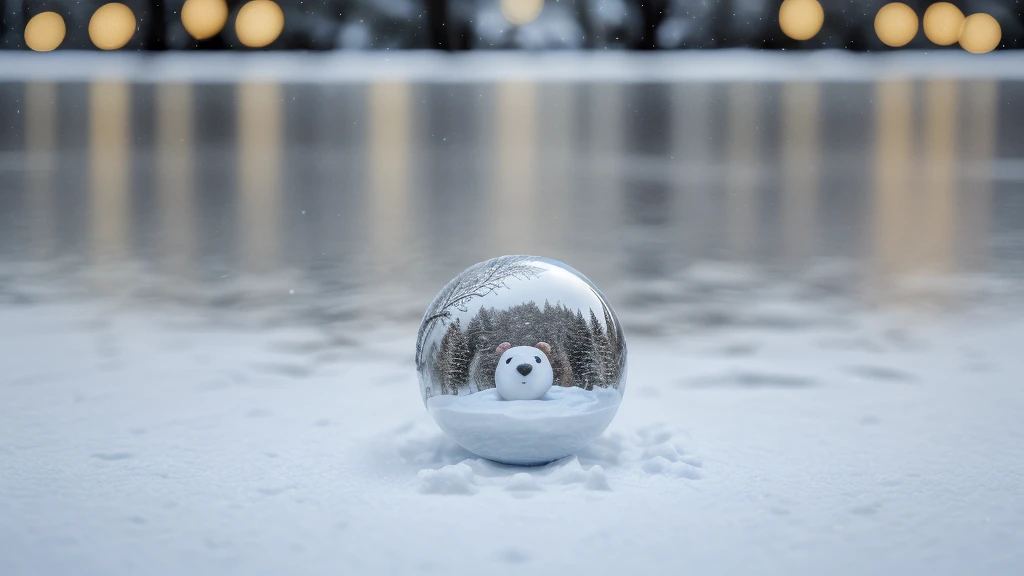 Less blurred background, Digitally created ball, 8K Ball, perfect reflection, christmas background, snowing, Snow on the ground, snow bear in costume behind