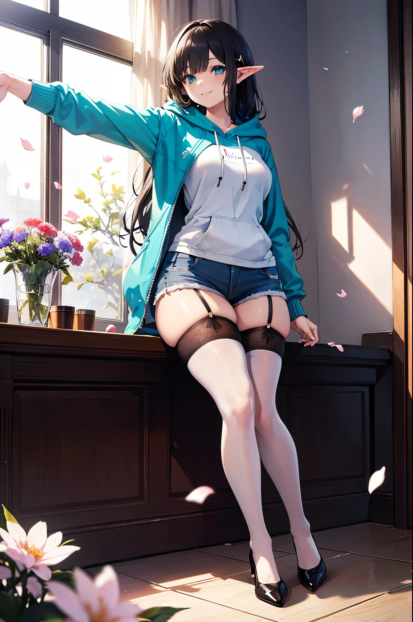 realistic image, detailed image, coherent image, 1 elf, has very long hair, black hair, turquoise eyes, smiling, showing her legs, She has a curvy body, medium breasts and thick thighs, she is wearing a hoodie, mini denim shorts, mid-thigh stockings, garter belts, She is posing sensually, arching her back, sprouting buttocks, full body view, falling flower petals, background surrounded by flowers, soft focus, dramatic shadows, lighting volumetric, natural lighting, artificial lighting, white background