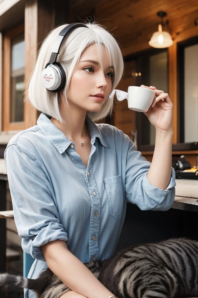 Beautiful woman with white hair, bob cut, there is a cat near her wearing headphones, and the woman is drinking coffee.
