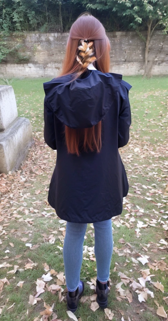 woman with rotated head, ginger, long hair, back photo, head to the back, face visible,