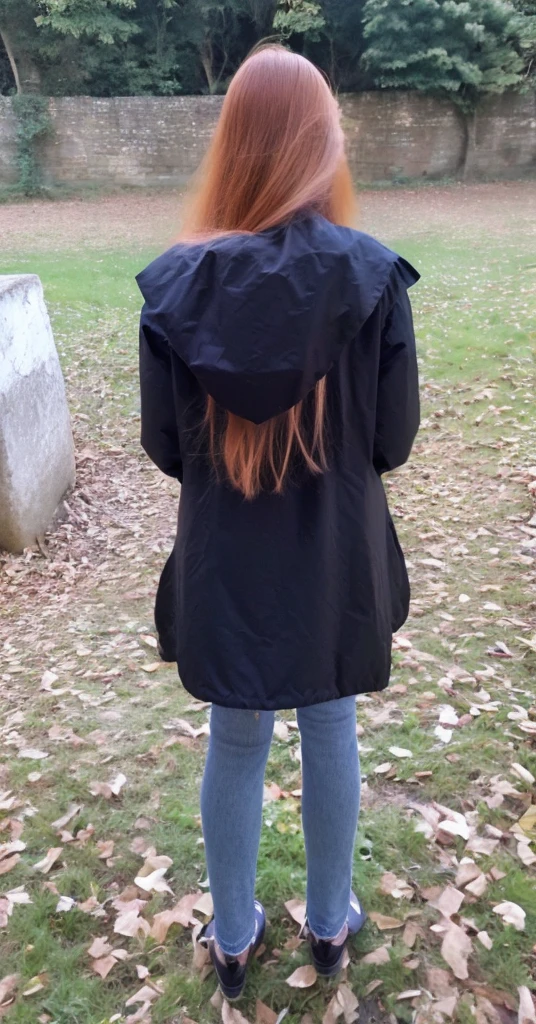woman with rotated head, ginger, long hair, back photo, head to the back, face visible,