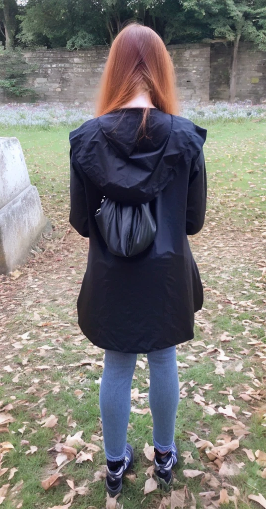 woman with rotated head, ginger, long hair, back photo, head to the back, face visible,