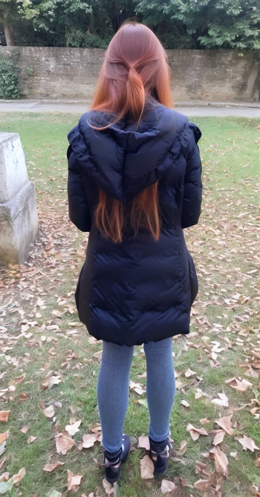 woman with rotated head, ginger, long hair, back photo, head to the back, face visible,