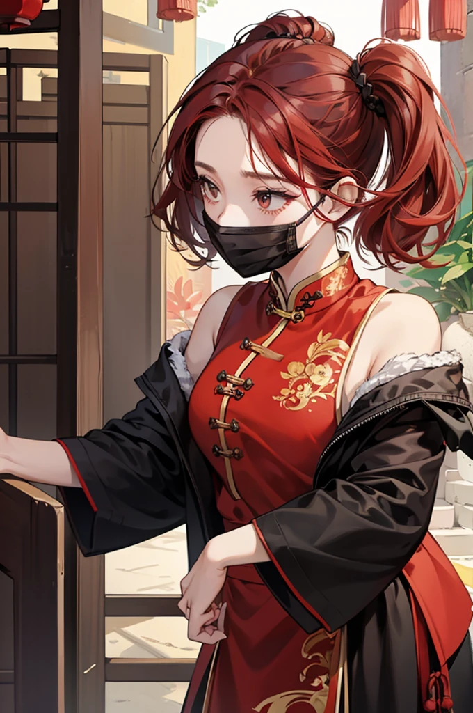 A girl, black and red hair, Chinese girl's hairstyle, casual clothes, face mask, black