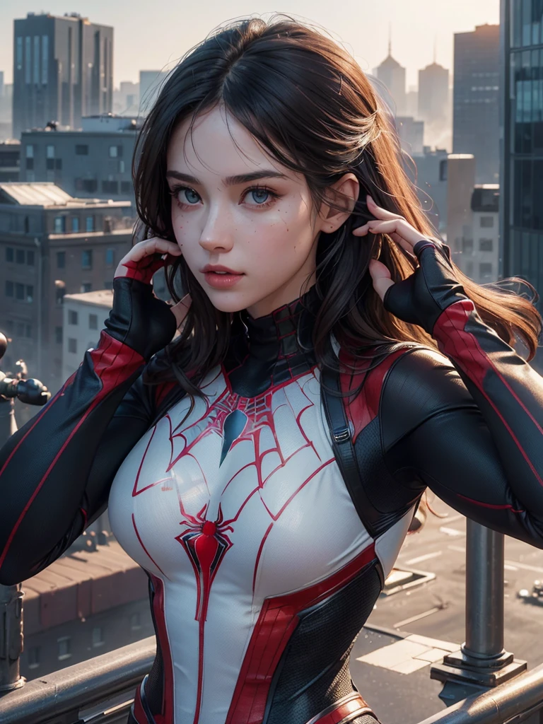 (1girl:1.3), Solo, (((Very detailed face)))), ((Very detailed eyes and face)))), Beautiful detail eyes, Body parts__, Official art, Unified 8k wallpaper, Super detailed, beautiful and beautiful, beautiful, masterpiece, best quality, original, masterpiece, super fine photo, best quality, super high resolution, realistic realism, sunlight, full body portrait, amazing beauty, dynamic pose, delicate face, vibrant eyes, (from the front), She wears Spider-Man suit, red and black color scheme, spider, very detailed city roof background, rooftop, overlooking the city, detailed face, detailed complex busy background, messy, gorgeous, milky white, highly detailed skin, realistic skin details, visible pores, clear focus, volumetric fog, 8k uhd, DSLR, high quality, film grain, fair skin, photo realism, lomography, futuristic dystopian megalopolis, translucent