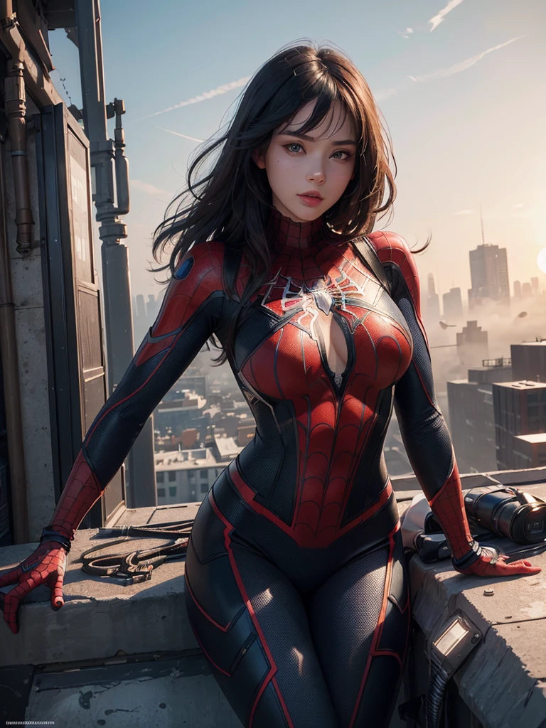 (1girl:1.3), Solo, (((Very detailed face)))), ((Very detailed eyes and face)))), Beautiful detail eyes, Body parts__, Official art, Unified 8k wallpaper, Super detailed, beautiful and beautiful, beautiful, masterpiece, best quality, original, masterpiece, super fine photo, best quality, super high resolution, realistic realism, sunlight, full body portrait, amazing beauty, dynamic pose, delicate face, vibrant eyes, (from the front), She wears Spider-Man suit, red and black color scheme, spider, very detailed city roof background, rooftop, overlooking the city, detailed face, detailed complex busy background, messy, gorgeous, milky white, highly detailed skin, realistic skin details, visible pores, clear focus, volumetric fog, 8k uhd, DSLR, high quality, film grain, fair skin, photo realism, lomography, futuristic dystopian megalopolis, translucent