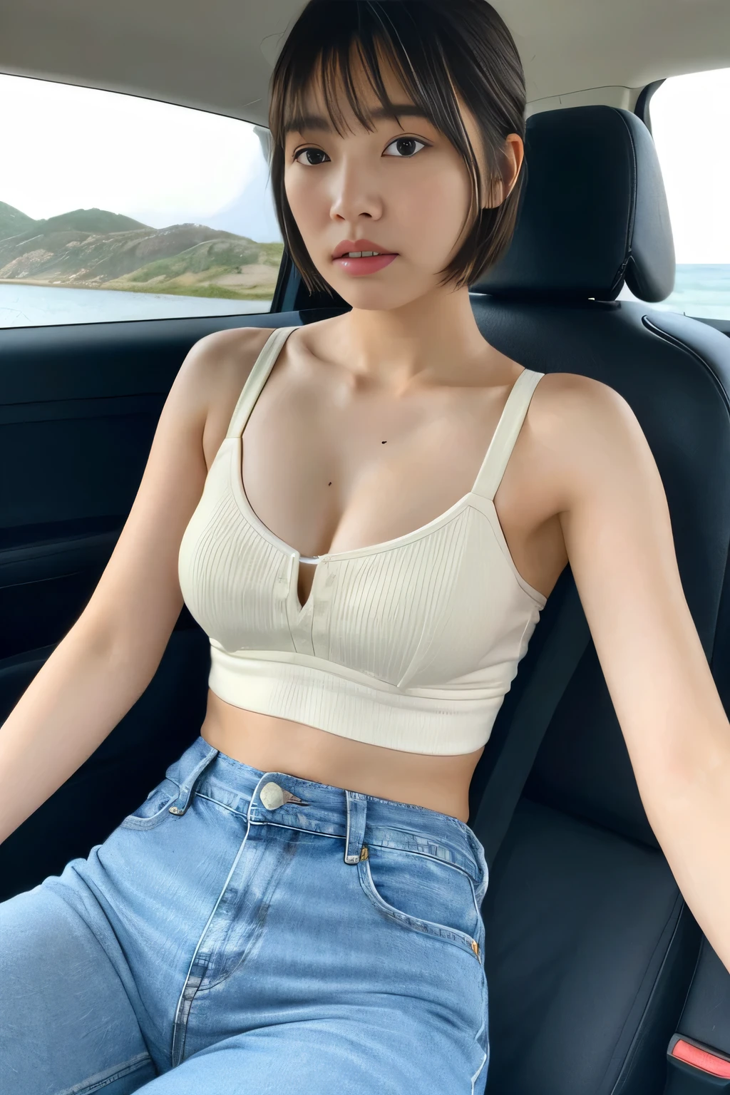 Car ride along the coast、evening、White sports bra、Pants are tight denim、Her hairstyle is a short bob with bangs.、