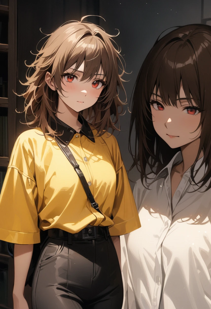 (adult), (woman) ((tall)), ((Elana From Library of ruina)), masterpiece, best quality, very aesthetic, absurdres, shiny skin, Perfect face, Perfect shadowing, Perfect cloathing, skindentation, brown hair, hair bum, ((all messy hair)) red eyes, plain white shirt, Yellow coat, black pants, leather waist backpack, (faint smile), realistic anime style, oil painting.