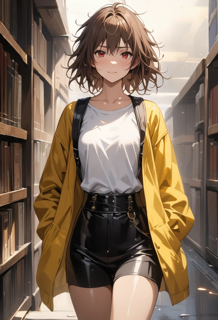 (adult), (woman) ((tall)), ((Elana From Library of ruina)), masterpiece, best quality, very aesthetic, absurdres, shiny skin, Perfect face, Perfect shadowing, Perfect cloathing, skindentation, brown hair, hair bum, ((all messy hair)) red eyes, plain white shirt, Yellow coat, black pants, leather waist backpack, (faint smile), realistic anime style, oil painting.