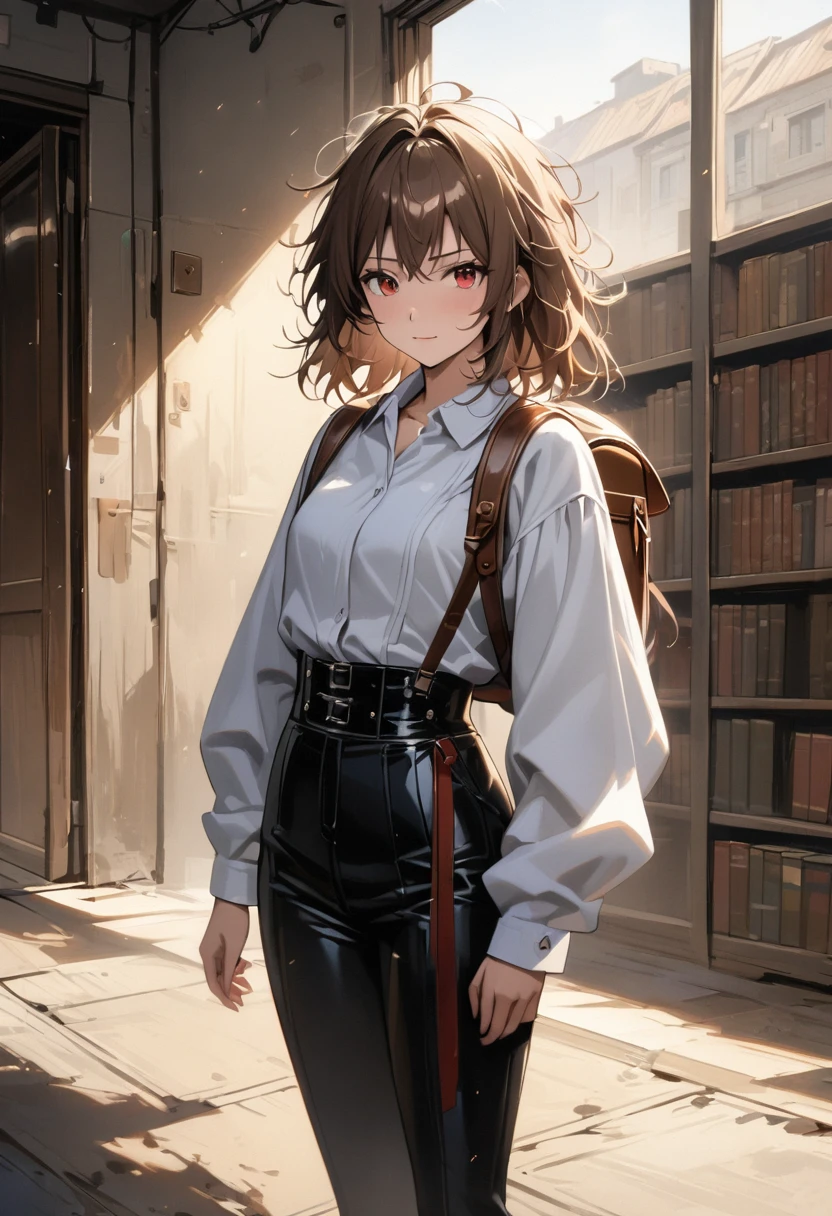 (adult), (woman) ((tall)), ((Elana From Library of ruina)), masterpiece, best quality, very aesthetic, absurdres, shiny skin, Perfect face, Perfect shadowing, Perfect cloathing, skindentation, brown hair, hair bum, ((all messy hair)) red eyes, plain white shirt, Yellow coat, black pants, leather waist backpack, (faint smile), realistic anime style, oil painting.