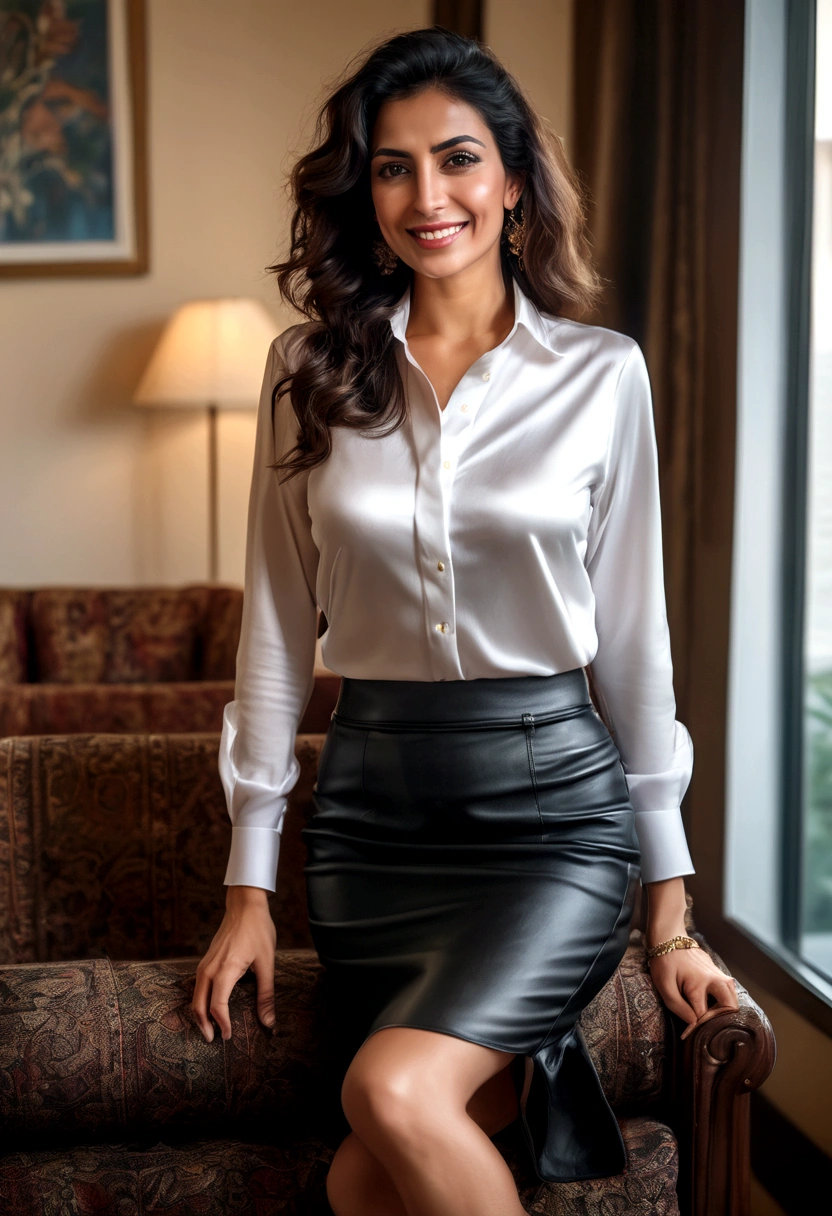 40-year-old arabic woman Sexy Tight white satin shirt Black leather skirt Long sexy legs Smile Living room