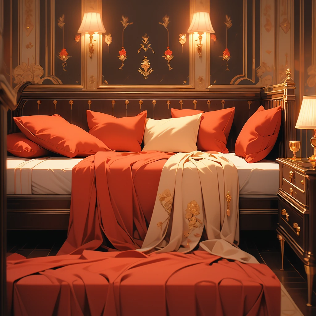 arafed bed with red bedspread and pillows in a room, a pastel by Nancy Spero, flickr, baroque, cozy bed, red and brown color scheme, rich red colors, bed, red black and gold color scheme, red and yellow color scheme, red and golden color details, victorian style, gold and red accents, draped in velvet and flowers