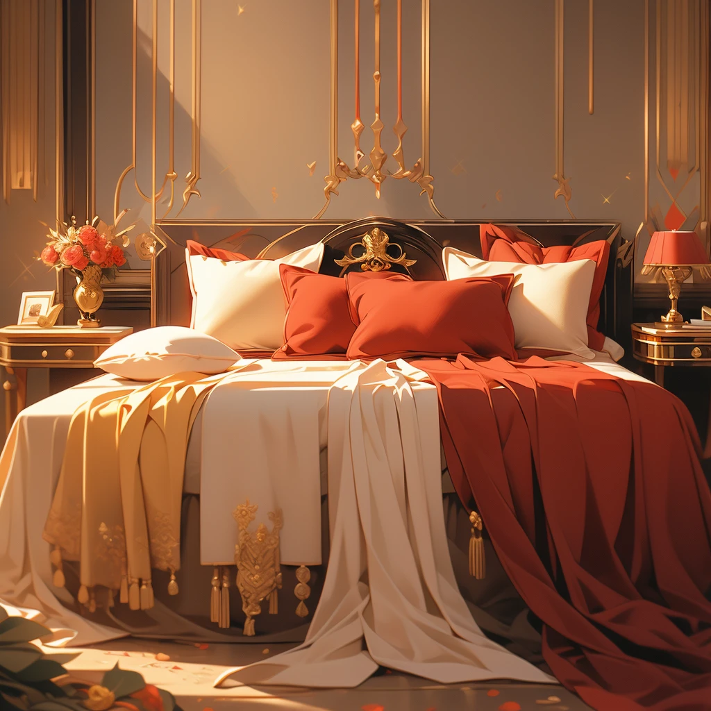 arafed bed with red bedspread and pillows in a room, a pastel by Nancy Spero, flickr, baroque, cozy bed, red and brown color scheme, rich red colors, bed, red black and gold color scheme, red and yellow color scheme, red and golden color details, victorian style, gold and red accents, draped in velvet and flowers