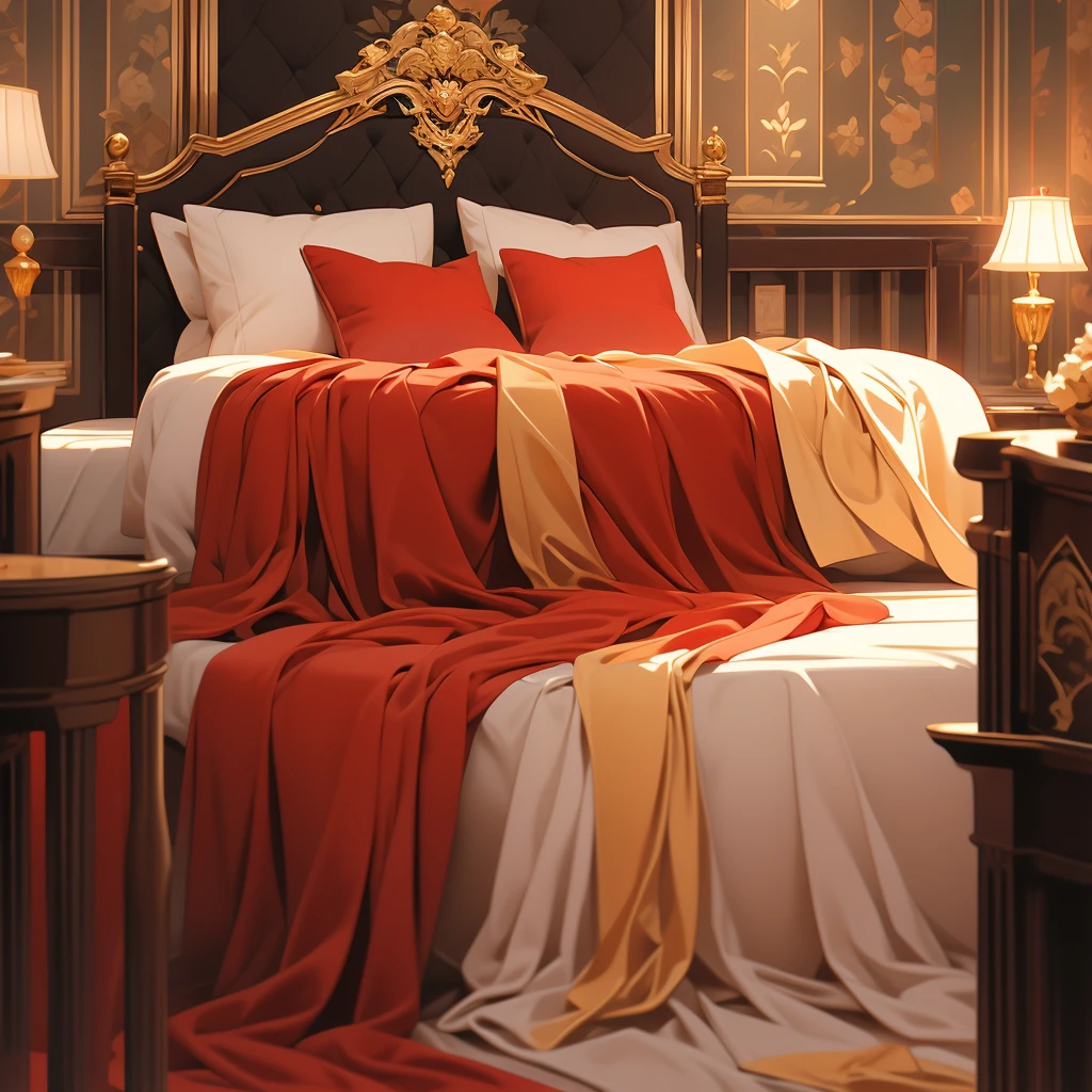 arafed bed with red bedspread and pillows in a room, a pastel by Nancy Spero, flickr, baroque, cozy bed, red and brown color scheme, rich red colors, bed, red black and gold color scheme, red and yellow color scheme, red and golden color details, victorian style, gold and red accents, draped in velvet and flowers
