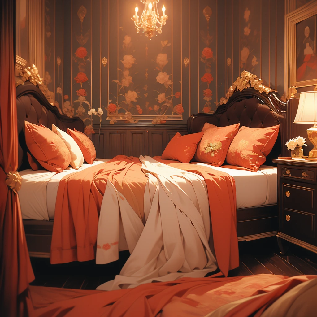 arafed bed with red bedspread and pillows in a room, a pastel by Nancy Spero, flickr, baroque, cozy bed, red and brown color scheme, rich red colors, bed, red black and gold color scheme, red and yellow color scheme, red and golden color details, victorian style, gold and red accents, draped in velvet and flowers