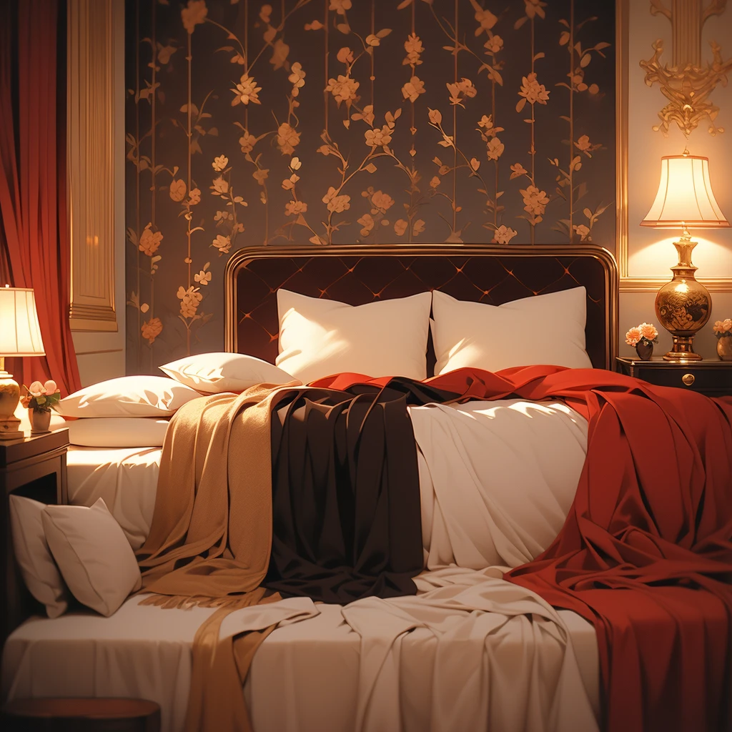 arafed bed with red bedspread and pillows in a room, a pastel by Nancy Spero, flickr, baroque, cozy bed, red and brown color scheme, rich red colors, bed, red black and gold color scheme, red and yellow color scheme, red and golden color details, victorian style, gold and red accents, draped in velvet and flowers