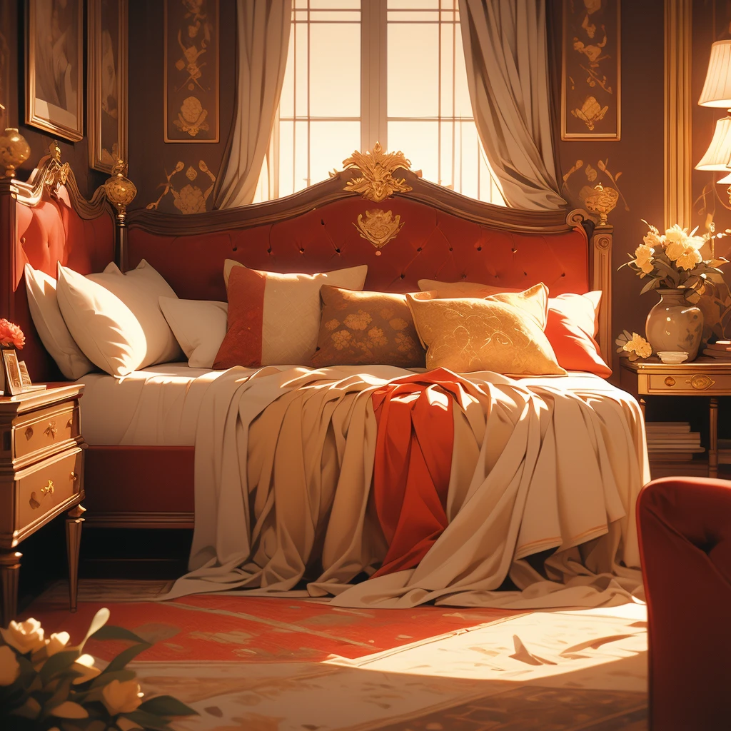 arafed bed with red bedspread and pillows in a room, a pastel by Nancy Spero, flickr, baroque, cozy bed, red and brown color scheme, rich red colors, bed, red black and gold color scheme, red and yellow color scheme, red and golden color details, victorian style, gold and red accents, draped in velvet and flowers