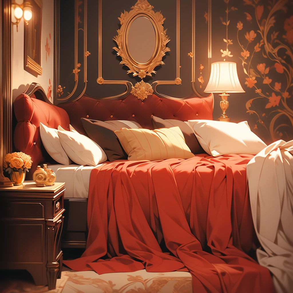 arafed bed with red bedspread and pillows in a room, a pastel by Nancy Spero, flickr, baroque, cozy bed, red and brown color scheme, rich red colors, bed, red black and gold color scheme, red and yellow color scheme, red and golden color details, victorian style, gold and red accents, draped in velvet and flowers