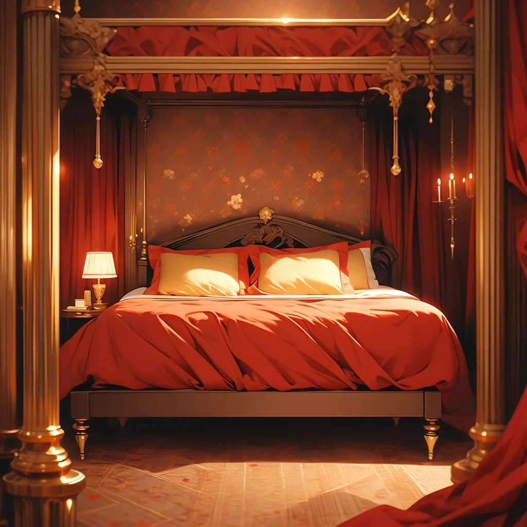 arafed bed with red bedspread and pillows in a room, cozy bed, red and brown color scheme, rich red colors, bed, red black and gold color scheme, red and yellow color scheme, red and golden color details, victorian style, gold and red accents, draped in velvet and flowers, large comfy bed, red and gold sumptuous garb