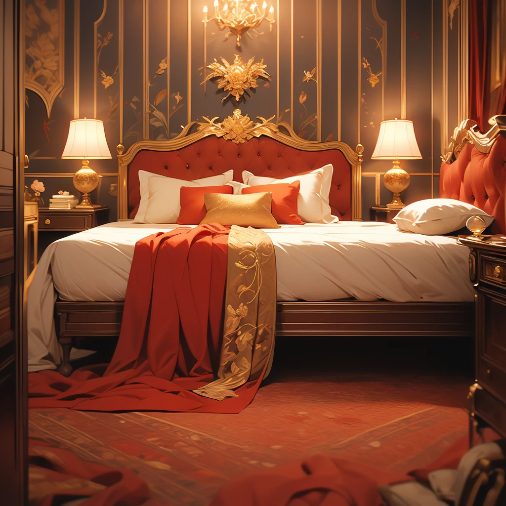 arafed bed with red bedspread and pillows in a room, cozy bed, red and brown color scheme, rich red colors, bed, red black and gold color scheme, red and yellow color scheme, red and golden color details, victorian style, gold and red accents, draped in velvet and flowers, large comfy bed, red and gold sumptuous garb