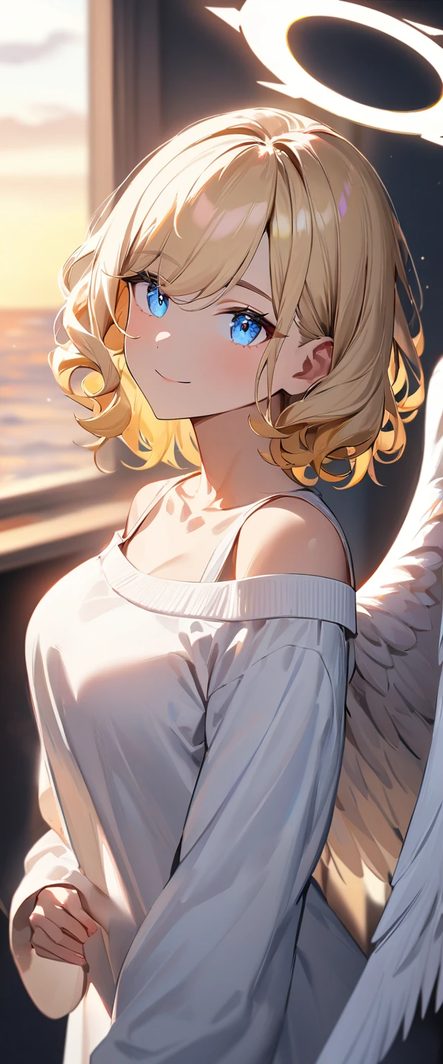 (((One girl))), full wing, flying in the sky, upper body, ((angel, big big white wings:1.2, halo:1.3)), Uriel, ((wavy hair, outward curled hair)), evening, Sunset, sea, beach, ((blond hair, bob cut:1.3)), big breasts, teenager, (looking at viewer), oversized clothes, puffy long sleeves, collarbone, ((off-shoulder sweater dress:1.3, Quite thick shoulder straps)), (((sleeves past wrists:1.3))), ((white sweater)), collarbone, head tilt:1.3, (((blue eye))), ((happy smile)), (((anime style))), (best quality, 4K, 8K, highres, masterpiece:1.2, ultra-detailed, ultra-detailed eyes, HDR, uhd, studio lighting, ultra-fine painting, sharp focus, physically-based rendering, extreme detail description, professional, vivid colors, bokeh), ((Highest quality, Best image quality, Ultra-high resolution, Ultra-high resolution, solo, Strong eye highlights)), Depth of written boundary, Natural soft light, attractive, Beautiful Face, Cleanliness, Pure Face, medium chest, Beautiful Face, Perfect Fingers, Perfect hands, Perfect body, Perfect Face, Shine a light into your eyes, Perfect Anatomy
