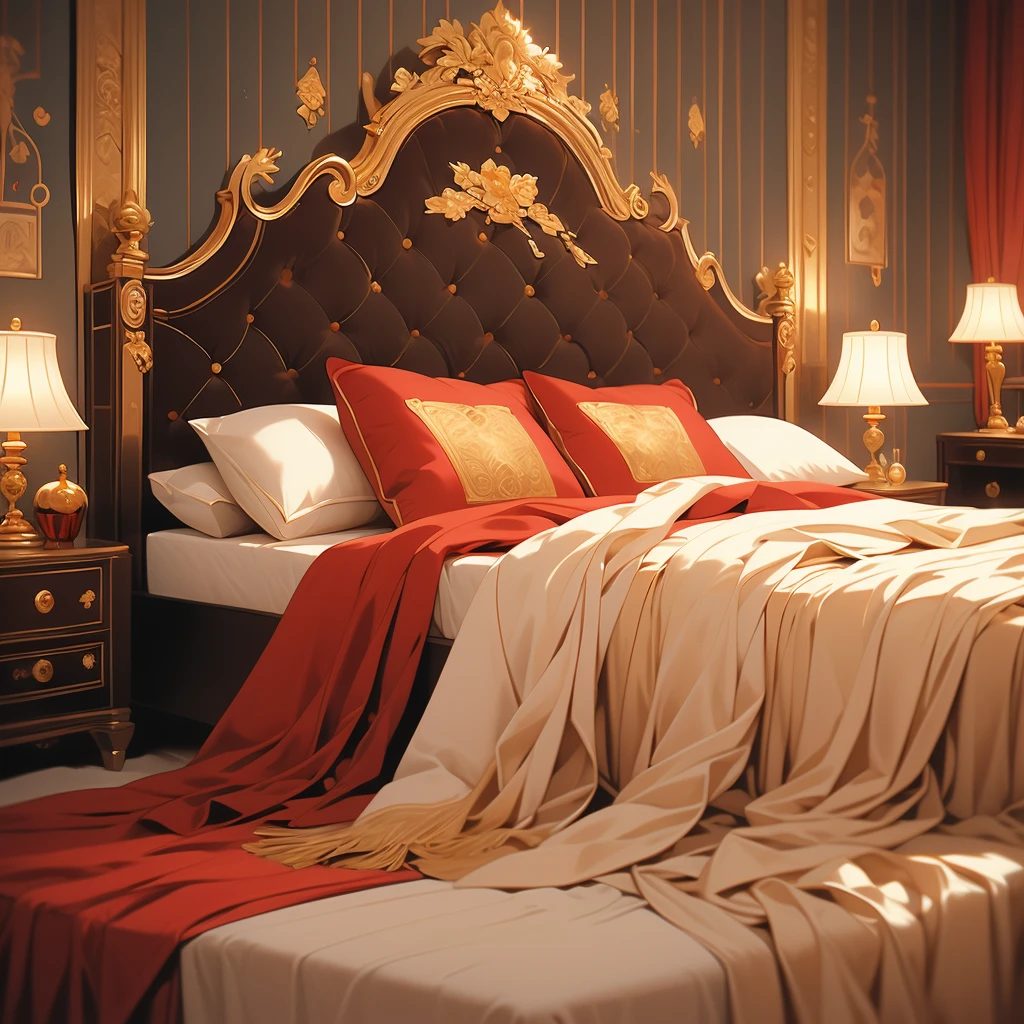 arafed bed with red bedspread and pillows in a room, a pastel by Nancy Spero, flickr, baroque, cozy bed, red and brown color scheme, rich red colors, bed, red black and gold color scheme, red and yellow color scheme, red and golden color details, victorian style, gold and red accents, draped in velvet and flowers