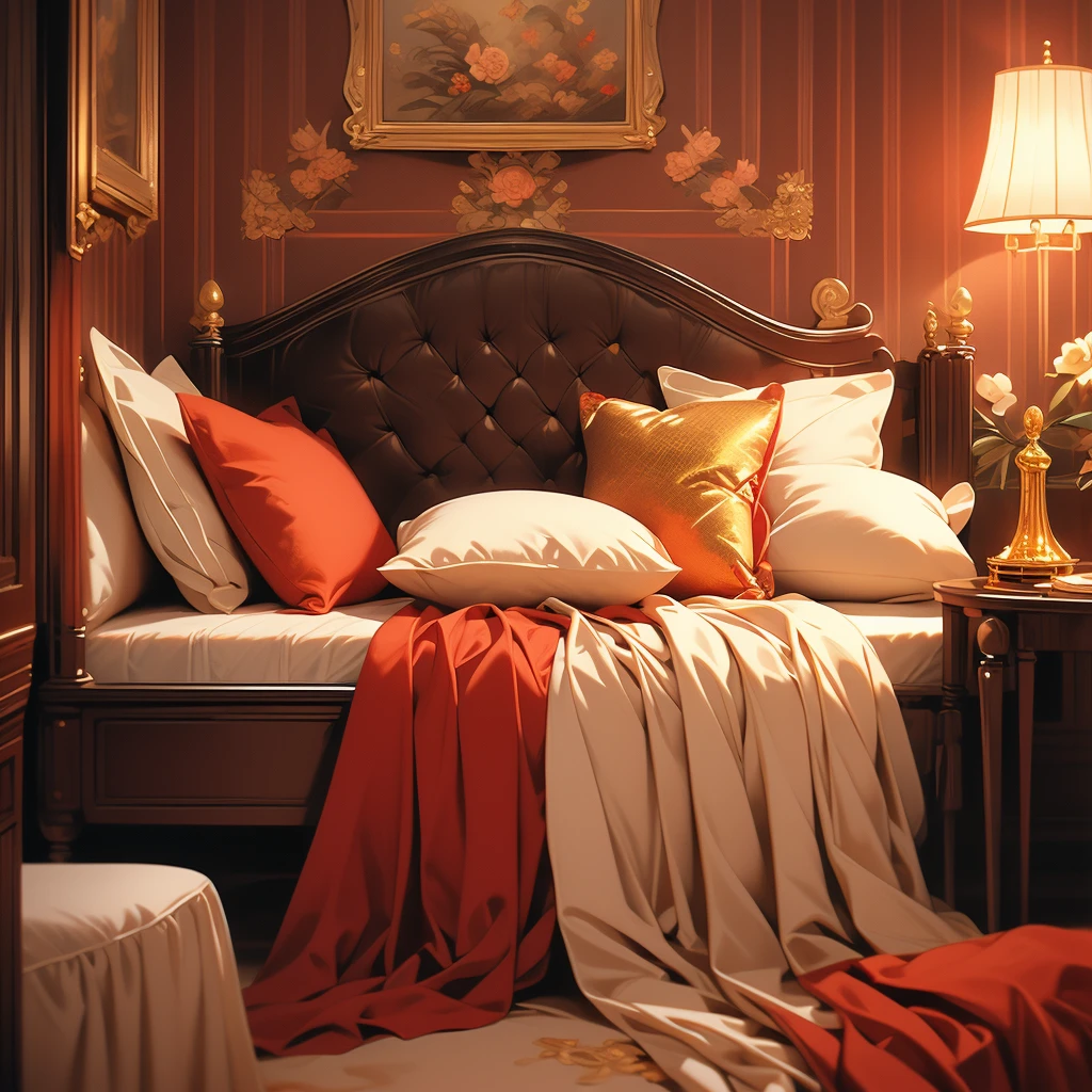arafed bed with red bedspread and pillows in a room, a pastel by Nancy Spero, flickr, baroque, cozy bed, red and brown color scheme, rich red colors, bed, red black and gold color scheme, red and yellow color scheme, red and golden color details, victorian style, gold and red accents, draped in velvet and flowers