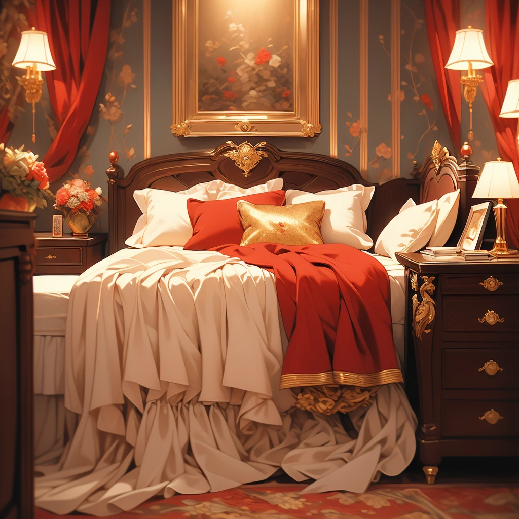 arafed bed with red bedspread and pillows in a room, a pastel by Nancy Spero, flickr, baroque, cozy bed, red and brown color scheme, rich red colors, bed, red black and gold color scheme, red and yellow color scheme, red and golden color details, victorian style, gold and red accents, draped in velvet and flowers