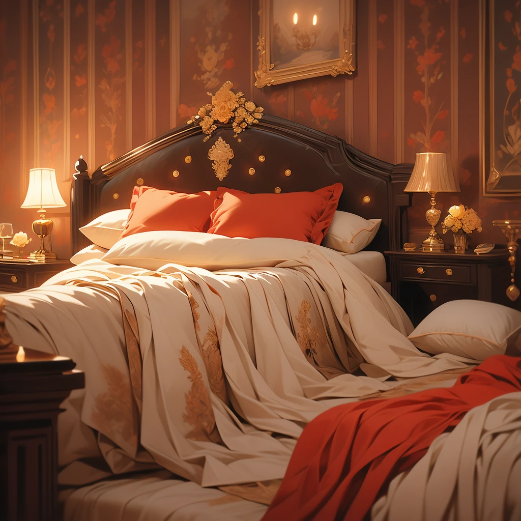 arafed bed with red bedspread and pillows in a room, a pastel by Nancy Spero, flickr, baroque, cozy bed, red and brown color scheme, rich red colors, bed, red black and gold color scheme, red and yellow color scheme, red and golden color details, victorian style, gold and red accents, draped in velvet and flowers