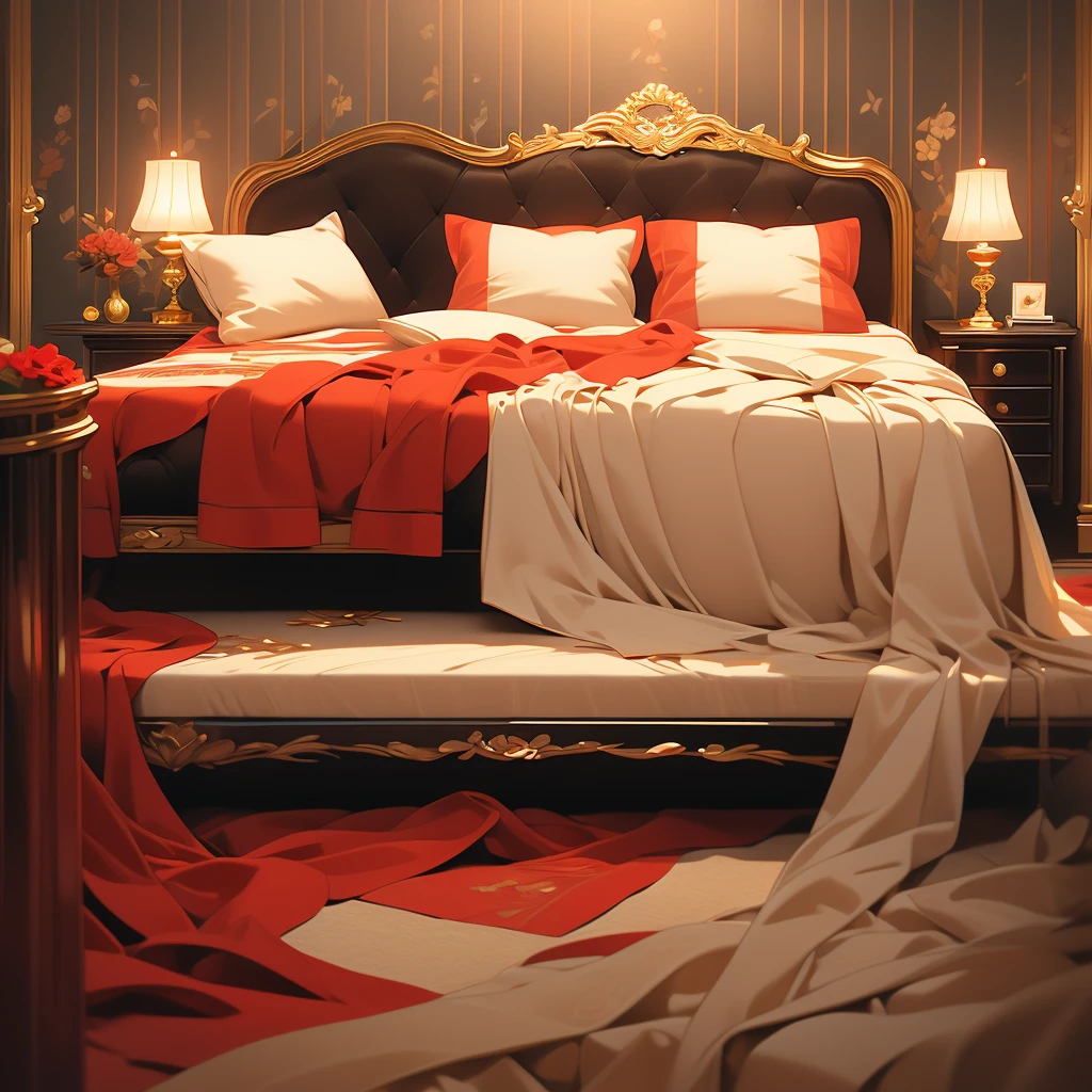 arafed bed with red bedspread and pillows in a room, a pastel by Nancy Spero, flickr, baroque, cozy bed, red and brown color scheme, rich red colors, bed, red black and gold color scheme, red and yellow color scheme, red and golden color details, victorian style, gold and red accents, draped in velvet and flowers