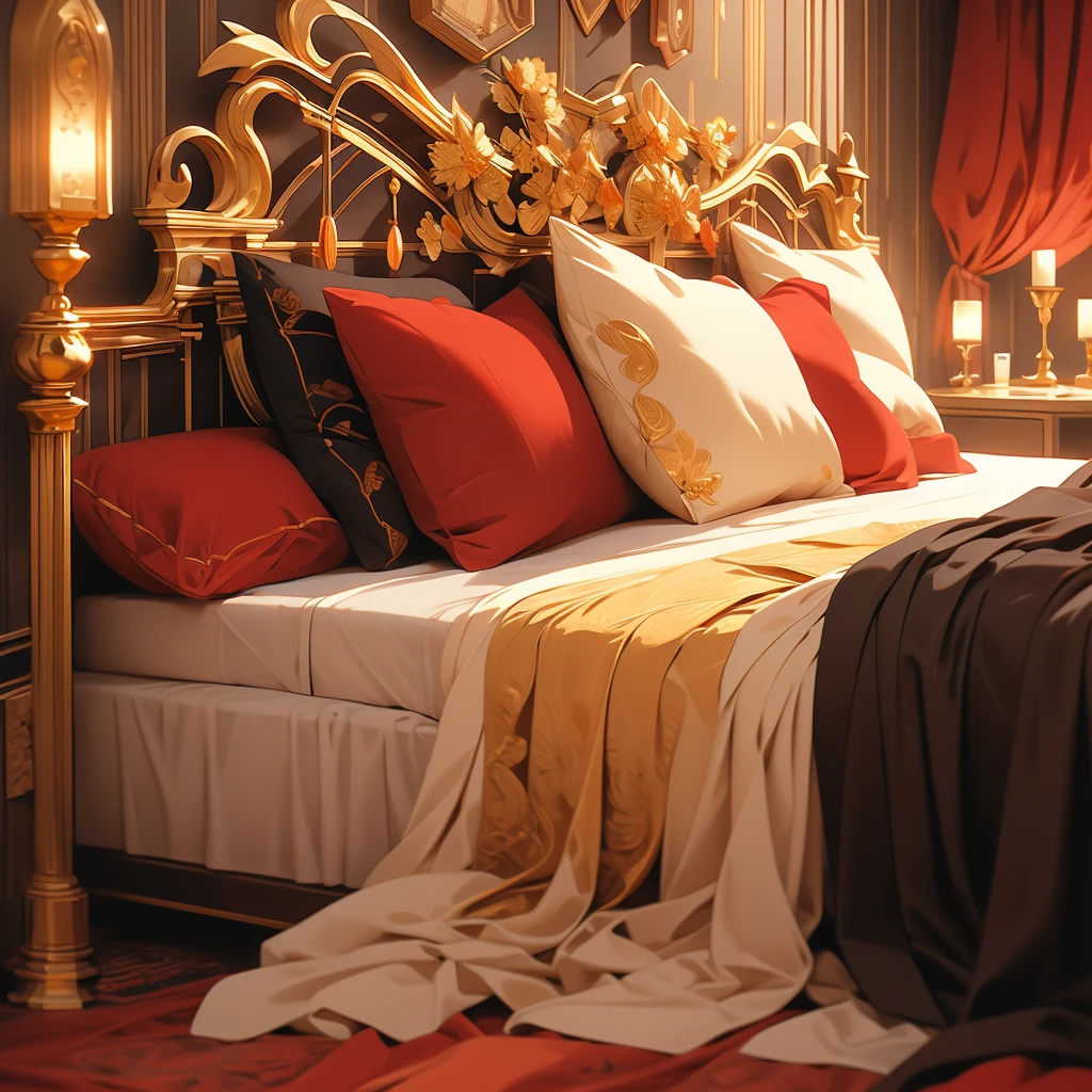 arafed bed with red bedspread and pillows in a room, a pastel by Nancy Spero, flickr, baroque, cozy bed, red and brown color scheme, rich red colors, bed, red black and gold color scheme, red and yellow color scheme, red and golden color details, victorian style, gold and red accents, draped in velvet and flowers