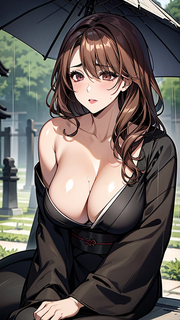Wife 30 years old,widow,tie up brown hair,Black Kimono,Lipstick,Huge big breasts,rain,cloudy day,sorrow,sit down,Disheveled,Showing cleavage,Soaked all over,Japan Cemetery