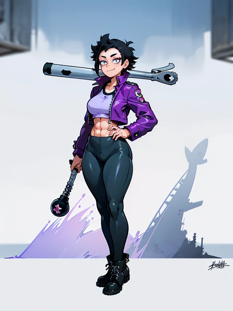 (((My Hero Academia Style))), (((Bibi))), (((Brawl Stars))), (((1girl))), (((female))), (((punk Girl))), (((punk))), (((Wide hips))), (((wide thighs))), (((medium breasts))), (((blue spiked leather jacket))), (((blue leather jacket))), (( (leather jacket with spikes))), (((lilac top tank))), (((top tank))), (((Abs))), (((exposed abdomen))), (((marked abdomen))), (((tight leggings black))), (((tight leggings))), (((black leggings))), (((baseball bat))), (((Holding a baseball bat))), (((holding a bat))), (((shark smile))), (((lilac eyes))), (((evil smile))), (((Black calf-high combat boots))), (((calf-high boots))), (((black calf-high boots))), (((combat boots))), (((combat boots black))), (((black boots))), (((calf-high combat boots))), (((hair black))), (((pompadour hairstyle))), (((black hair pompadour hairstyle))), (((perfect anatomy))), (((perfect hands))), (((super detailed))), ( ((full body photo:1.5))), (((cowboy shot:1.5))),