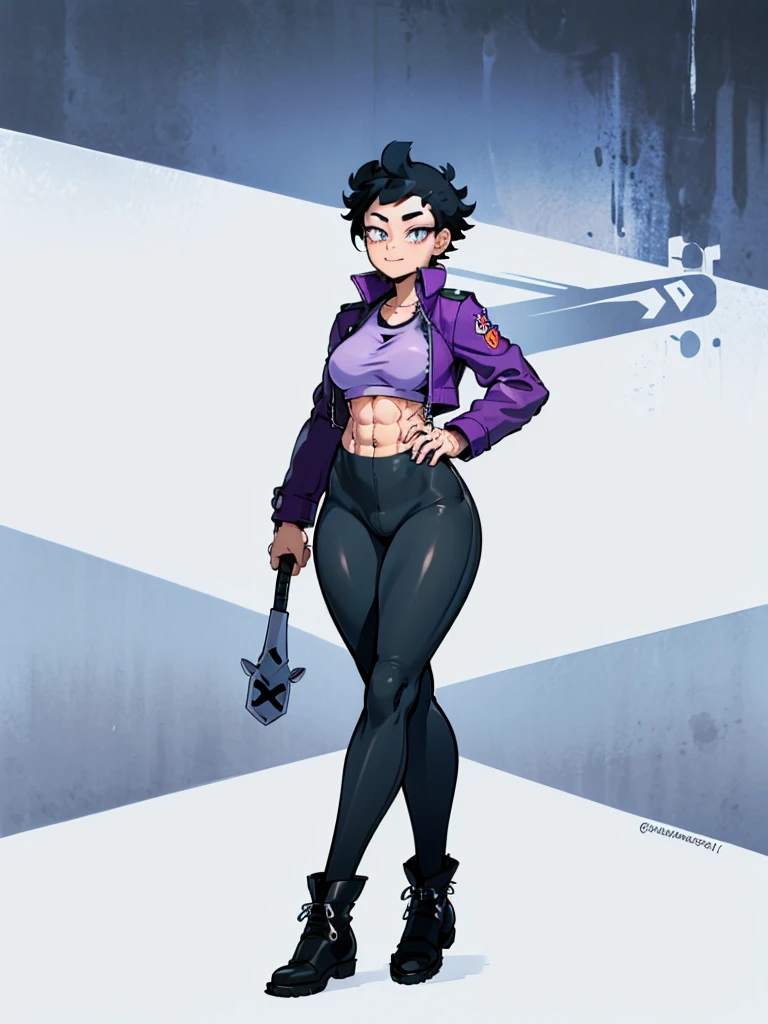 (((My Hero Academia Style))), (((Bibi))), (((Brawl Stars))), (((1girl))), (((female))), (((punk Girl))), (((punk))), (((Wide hips))), (((wide thighs))), (((medium breasts))), (((blue spiked leather jacket))), (((blue leather jacket))), (( (leather jacket with spikes))), (((lilac top tank))), (((top tank))), (((Abs))), (((exposed abdomen))), (((marked abdomen))), (((tight leggings black))), (((tight leggings))), (((black leggings))), (((baseball bat))), (((Holding a baseball bat))), (((holding a bat))), (((shark smile))), (((lilac eyes))), (((evil smile))), (((Black calf-high combat boots))), (((calf-high boots))), (((black calf-high boots))), (((combat boots))), (((combat boots black))), (((black boots))), (((calf-high combat boots))), (((hair black))), (((pompadour hairstyle))), (((black hair pompadour hairstyle))), (((perfect anatomy))), (((perfect hands))), (((super detailed))), ( ((full body photo:1.5))), (((cowboy shot:1.5))),