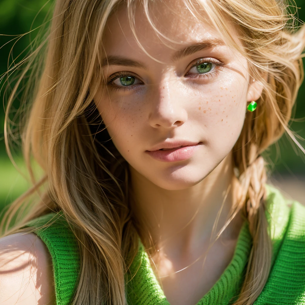 Photorealistic prompt for Leonardo
Face:
 * Ultra-realistic photo of a 20-year-old woman
 * Visible skin texture, with fine pores and subtle freckles
 * Blonde hair with red highlights capturing natural light
 * Bright and intelligent gaze, with emerald green eyes and long, thick lashes
 * Natural and authentic facial expression, reflecting slight shyness or an enigmatic smile
Framing and lighting:
 * Close-up shot, focusing on the details of the woman's face
 * Soft and natural light, creating a realistic shadow and light effect
 * Slightly blurred background, not distracting from the main subject
Example reference photos:
 * https://www.artstation.com/artwork/n0rmm6
 * https://www.pinterest.com/kriishu/blonde-with-green-eyes/
 * https://www.shutterstock.com/search/green-eyes?page=2
Suggested software:
 * Artbreeder
 * Dream by WOMBO
 * Nightcafe Creator
Additional tips:
 * Feel free to experiment with different camera angles and facial expressions to achieve the desired result.
 * You can add subtle accessories, such as jewelry or a scarf, to give the woman a unique personality.
 * Make sure the lighting is consistent and realistic throughout the image.
I hope this prompt helps you create a stunning photorealistic image of this green-eyed woman.
